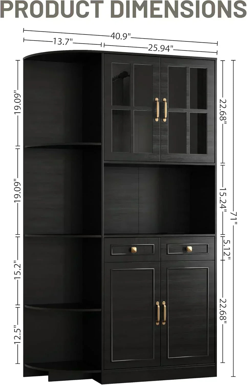 Kitchen Hutch Pantry Cabinet 71" Tall with Glass Doors