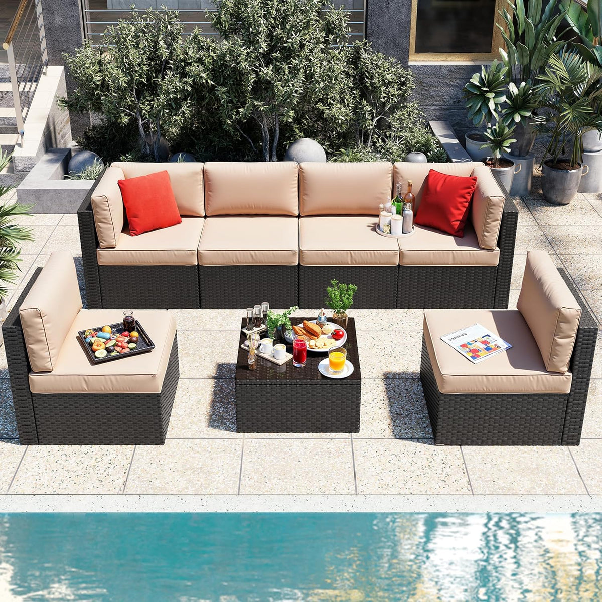 Vongrasig 5 Piece Patio Furniture Sets, Outdoor Patio Set Sectional Sofa, All-Weather PE Rattan Outdoor Couch with Ottoman, Glass Table for Garden, Backyard, Porch, Beige