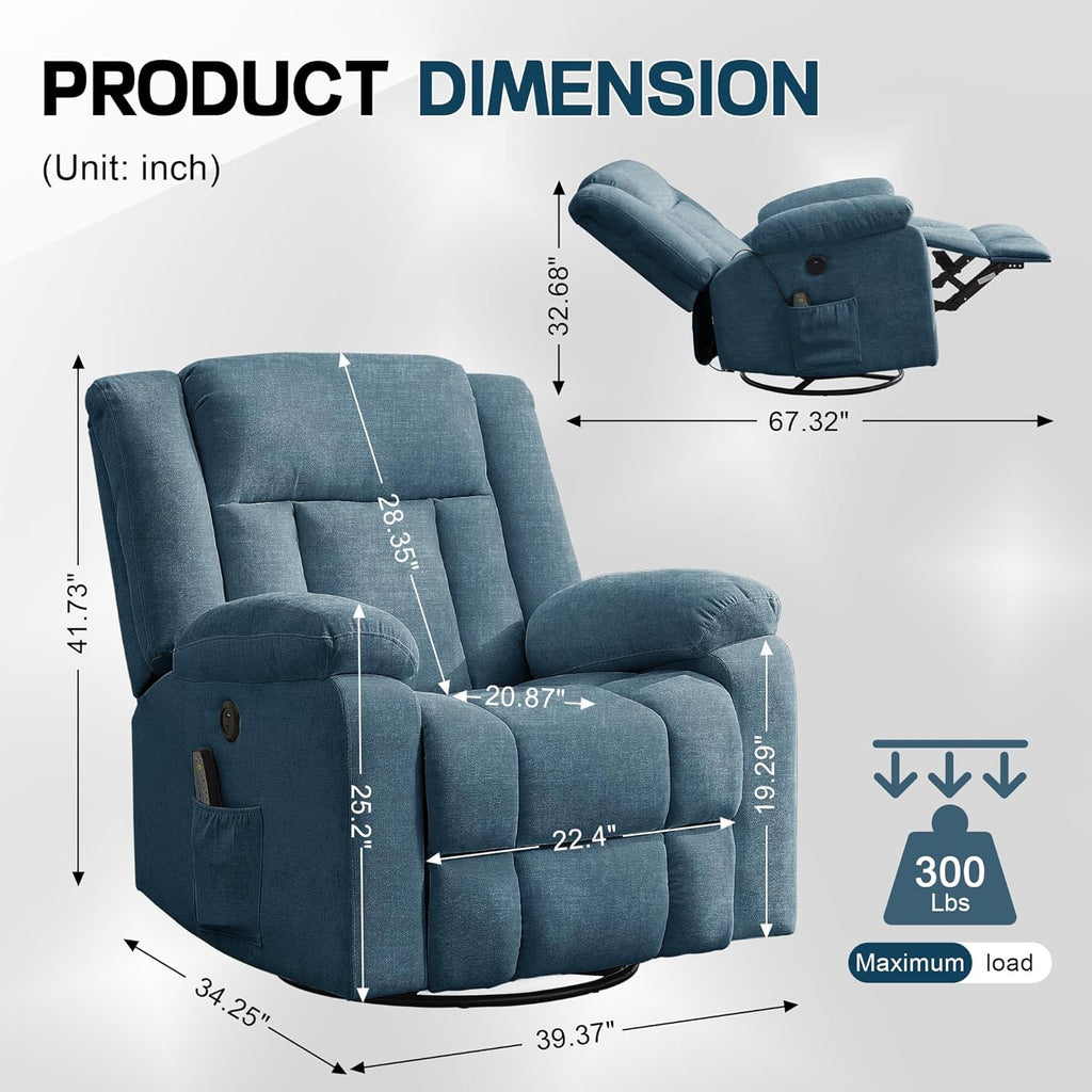 Rocker Recliner, Glider Recliner Chairs for Adults, 360° Swivel Rocking Chair with Massage and Heating, Nursery Chair
