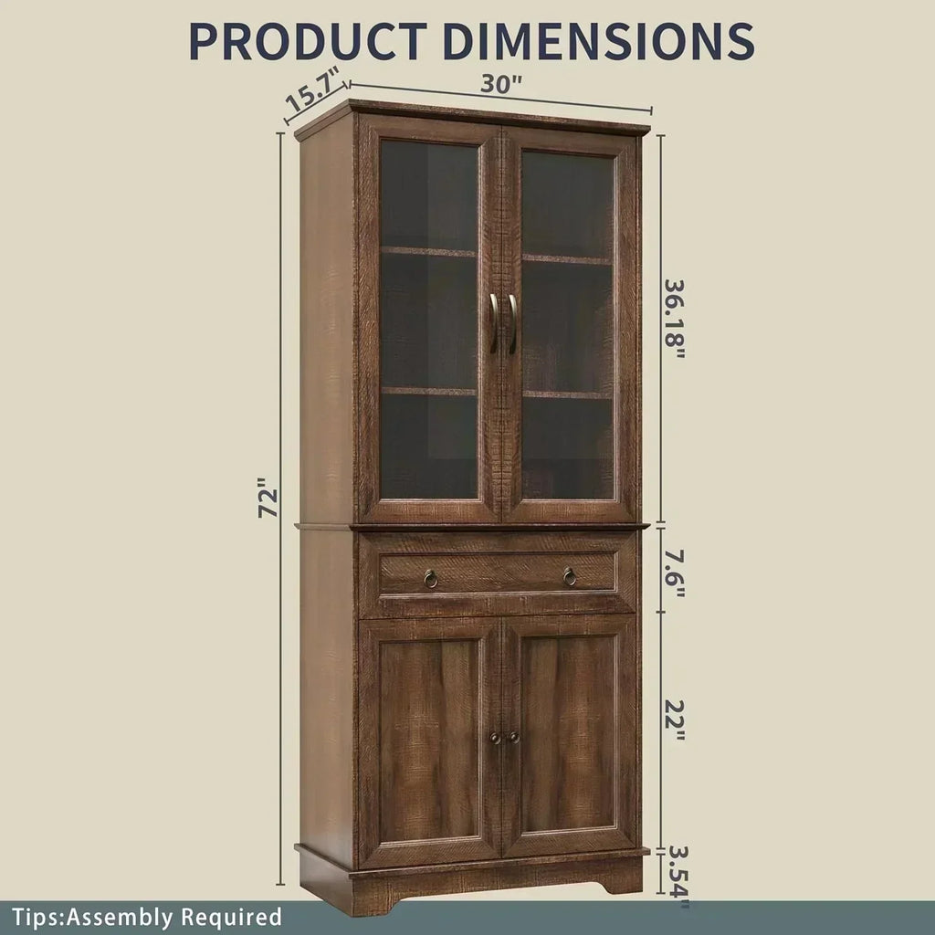 Kitchen Hutch Pantry Cabinet 71" Tall with Glass Doors