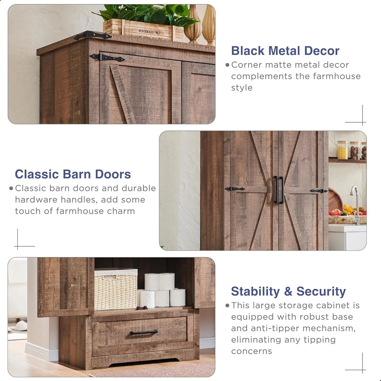 JXQTLINGMU Farmhouse Kitchen Pantry - 72" Tall Wood Kitchen Storage Cabinet with Adjustable Shelves and 2 Barn-Style Doors and Drawers
