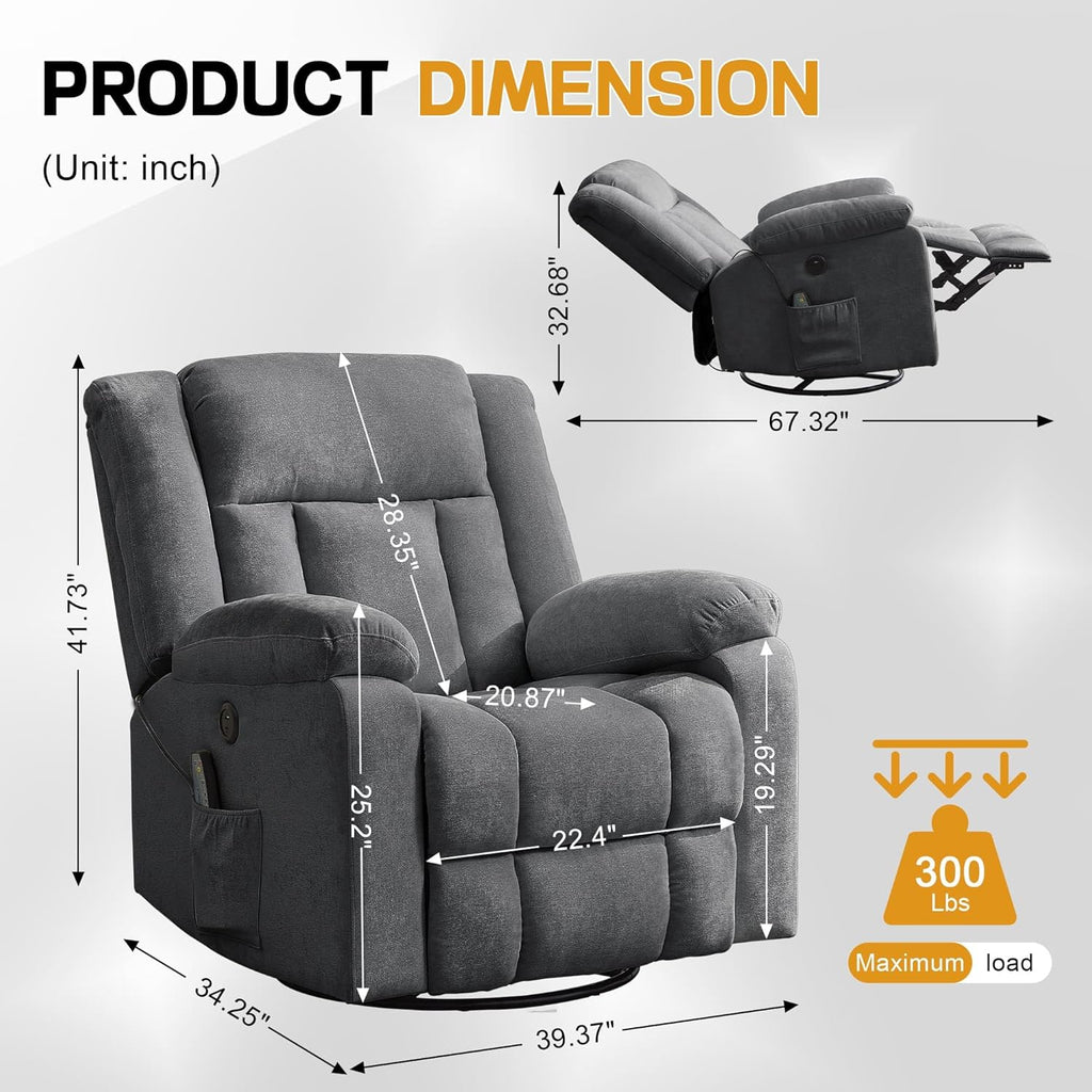 Rocker Recliner, Glider Recliner Chairs for Adults, 360° Swivel Rocking Chair with Massage and Heating, Nursery Chair