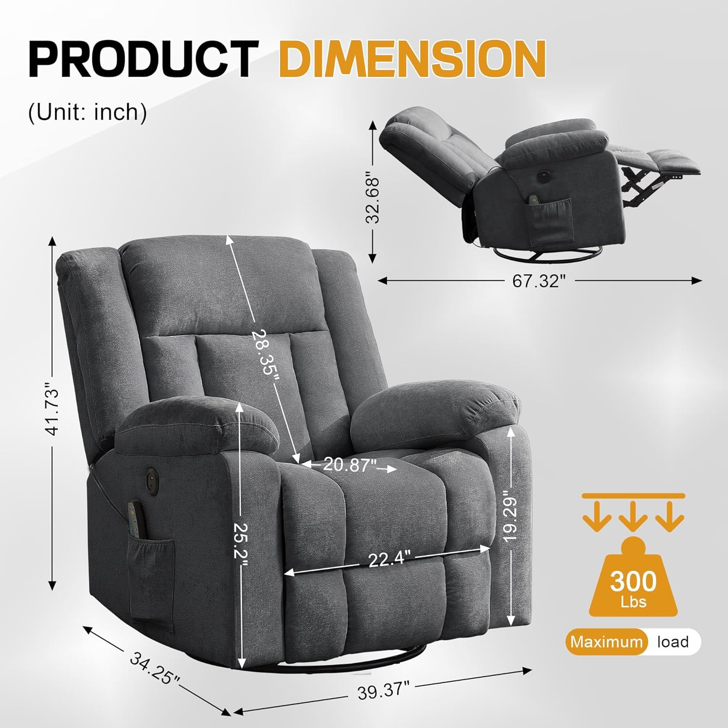 Rocker Recliner, Glider Recliner Chairs for Adults, 360° Swivel Rocking Chair with Massage and Heating, Nursery Chair