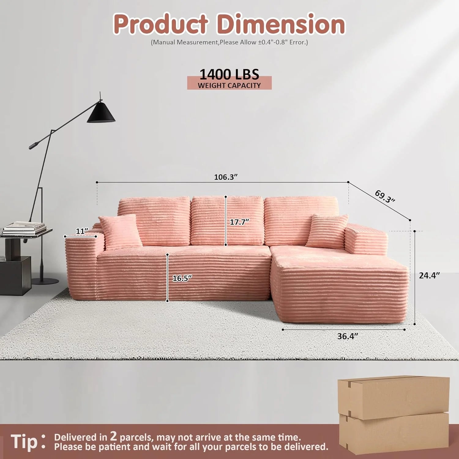 Ovios 104" Cloud Section Sofa L-shaped lounge chair, modern modular sofa