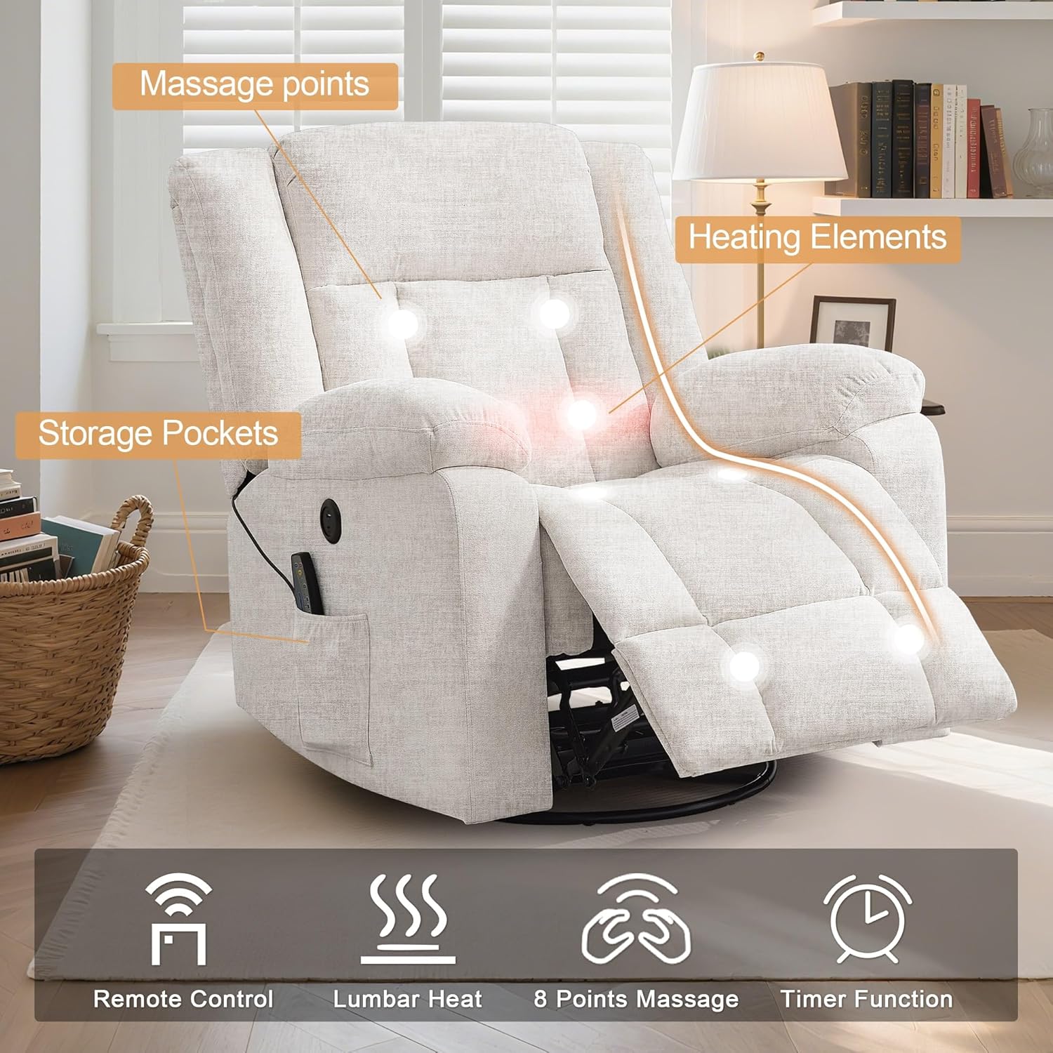 Rocker Recliner, Glider Recliner Chairs for Adults, 360° Swivel Rocking Chair with Massage and Heating, Nursery Chair
