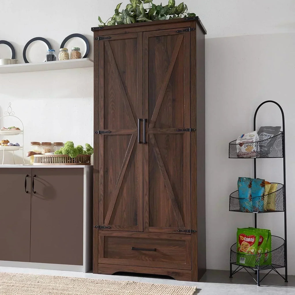 JXQTLINGMU Farmhouse Kitchen Pantry 72" Tall Wood Kitchen Storage Cabinet Adjustable Shelves