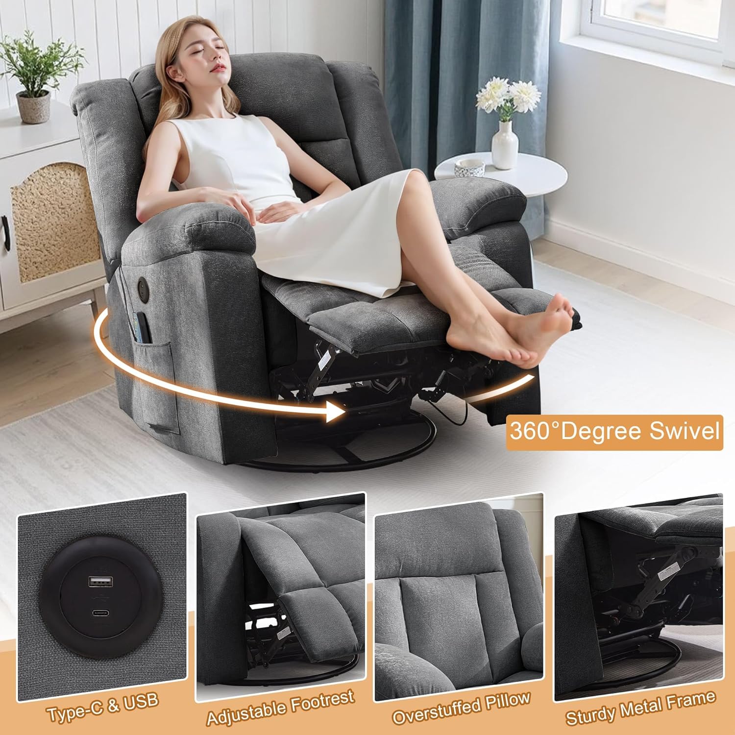 Rocker Recliner, Glider Recliner Chairs for Adults, 360° Swivel Rocking Chair with Massage and Heating, Nursery Chair