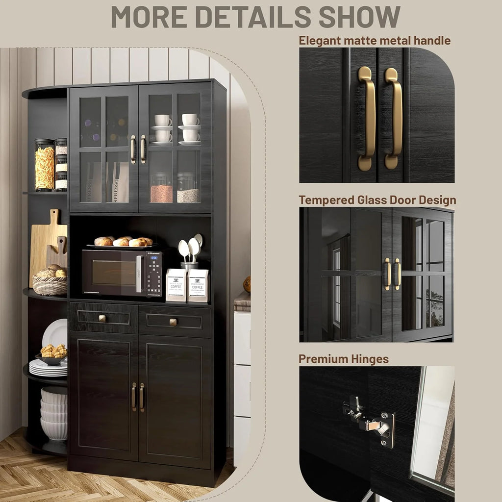 Kitchen Hutch Pantry Cabinet 71" Tall with Glass Doors