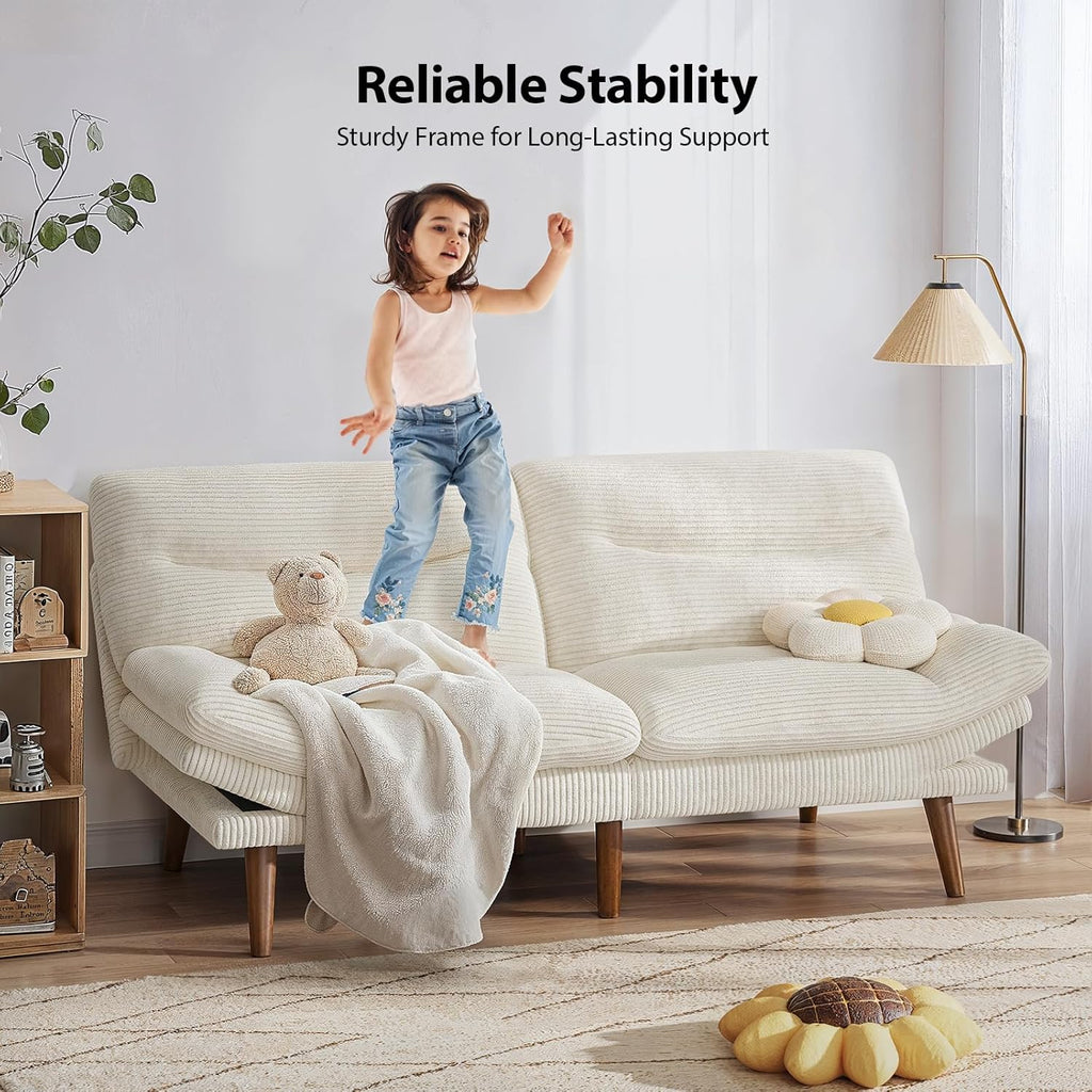 Pipishell Convertible Futon Sofa Bed,66" Corduroy Futon Couch with Adjustable Backrest and Armrests, Recliner Sleeper Sofa for Small Spaces, Play Room or Office, Grey