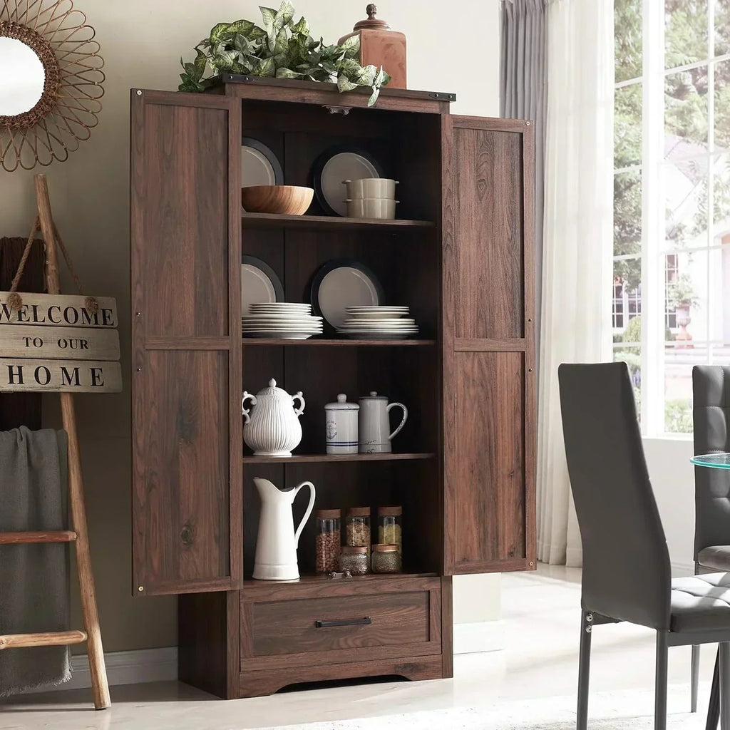 JXQTLINGMU Farmhouse Kitchen Pantry 72" Tall Wood Kitchen Storage Cabinet Adjustable Shelves
