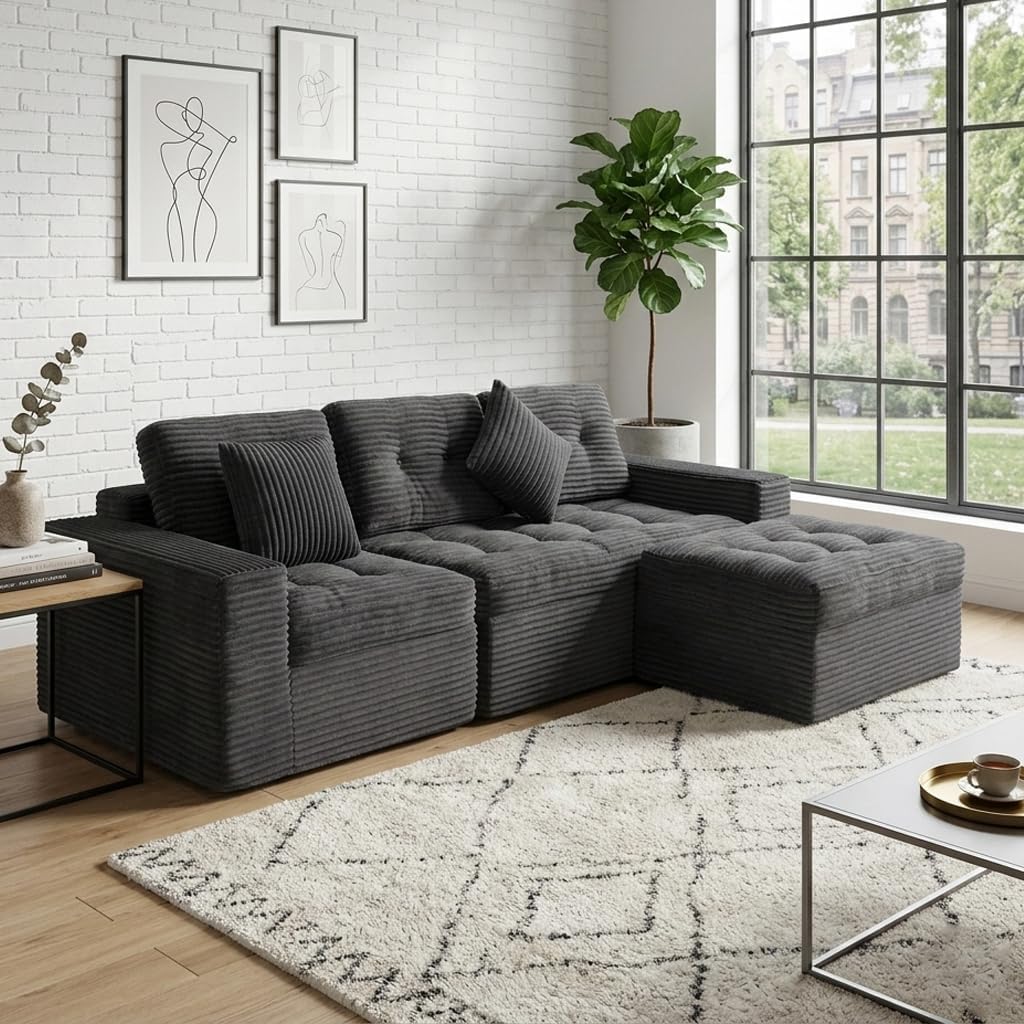135" Oversized Compressed Sectional Sofa - 33D High-Density Foam Cloud Couch with Deep Seat - Minimalist 3-Piece Corduroy Upholstered Boneless Modular Lounge Couch | Breathable material, Full Foam, Anti-slip