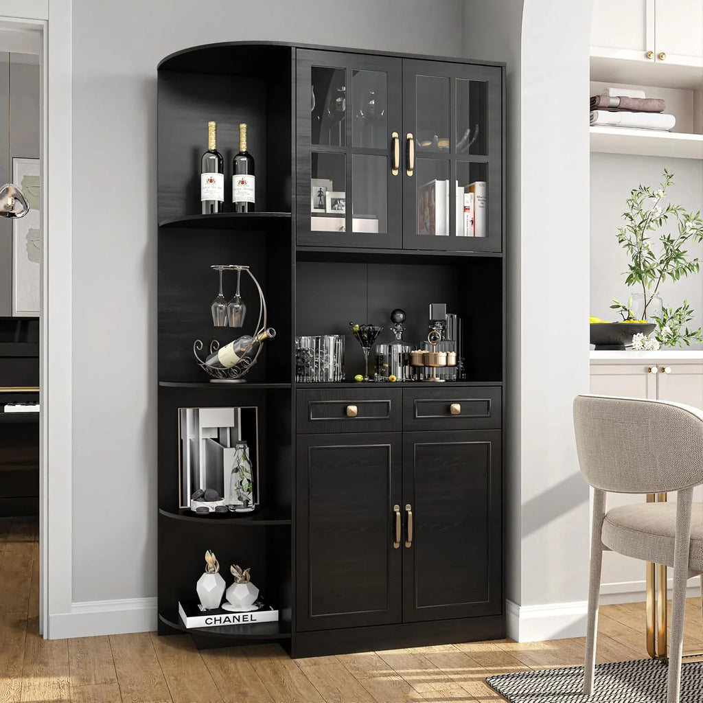 Kitchen Hutch Pantry Cabinet 71" Tall with Glass Doors
