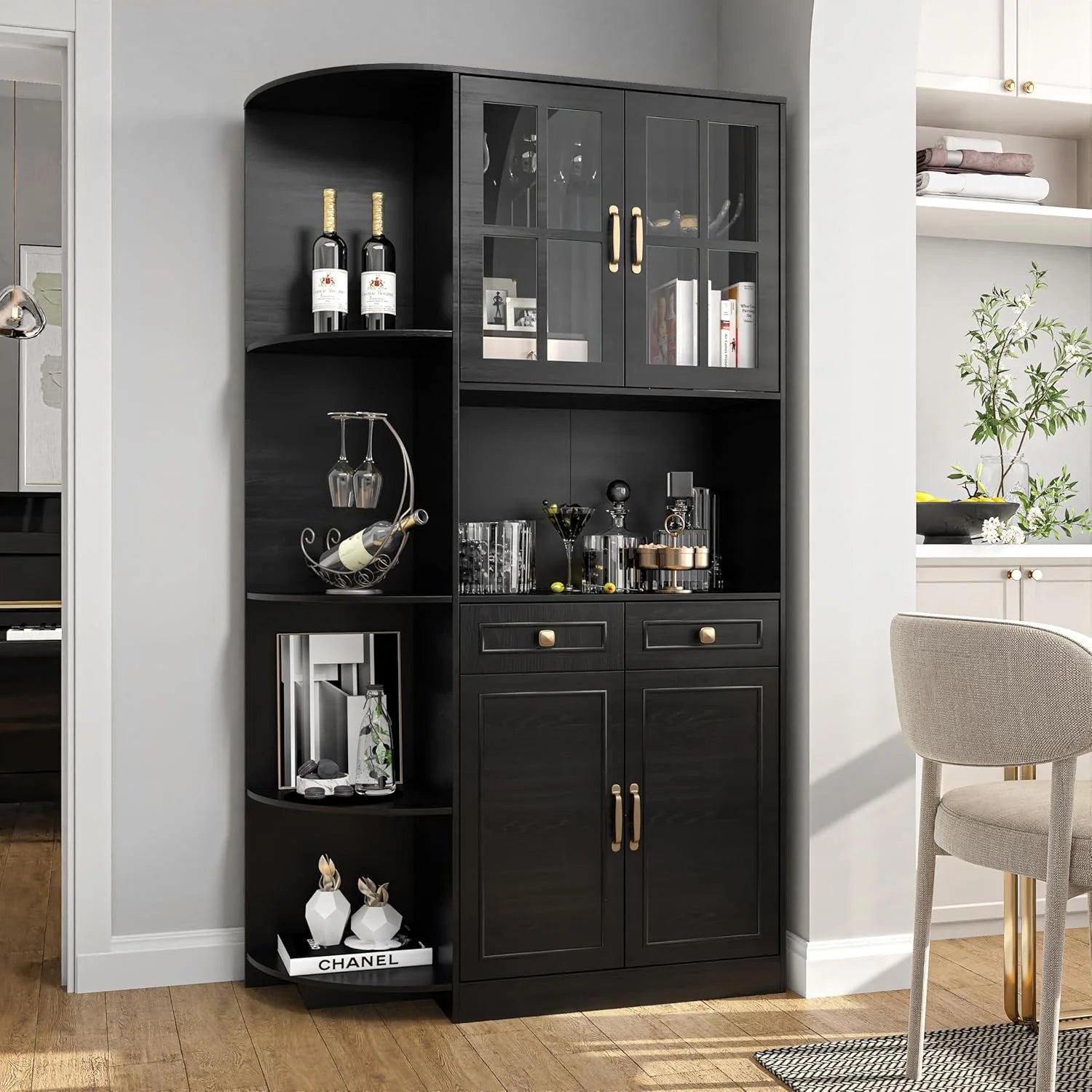 Kitchen Hutch Pantry Cabinet 71" Tall with Glass Doors