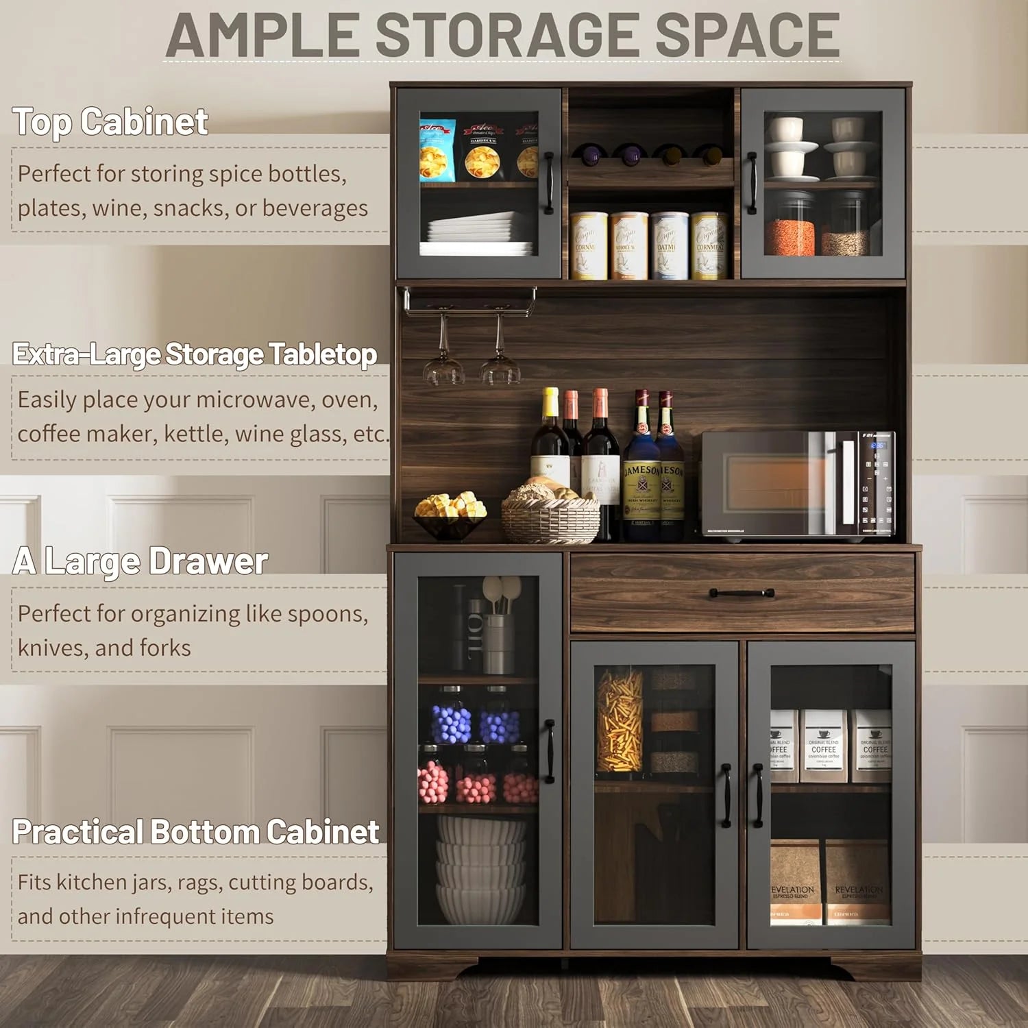 Kitchen Hutch Pantry Cabinet 71" Tall with Glass Doors