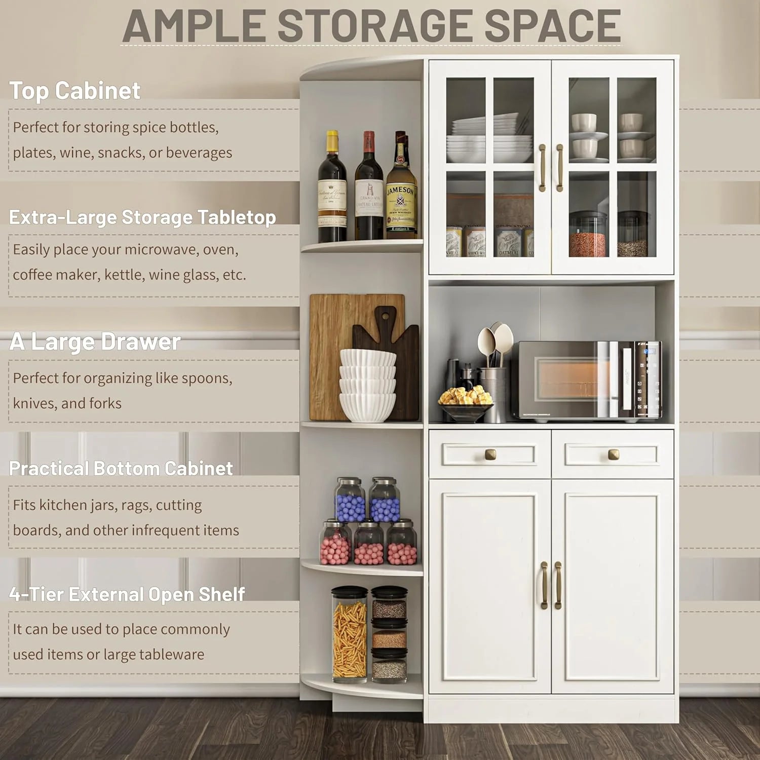 Kitchen Hutch Pantry Cabinet 71" Tall with Glass Doors