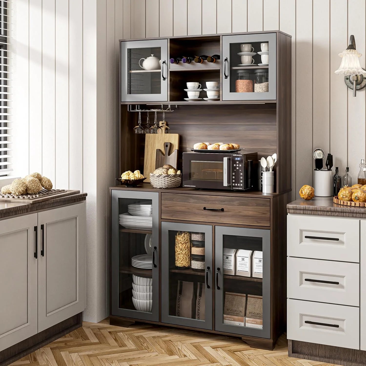 Kitchen Hutch Pantry Cabinet 71" Tall with Glass Doors