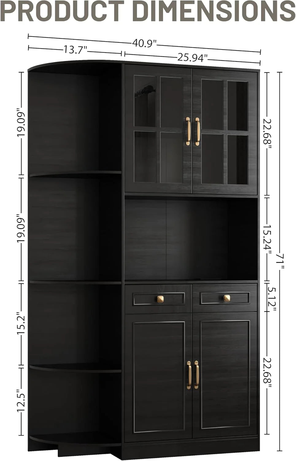 Kitchen Hutch Pantry Cabinet 71" Tall with Glass Doors