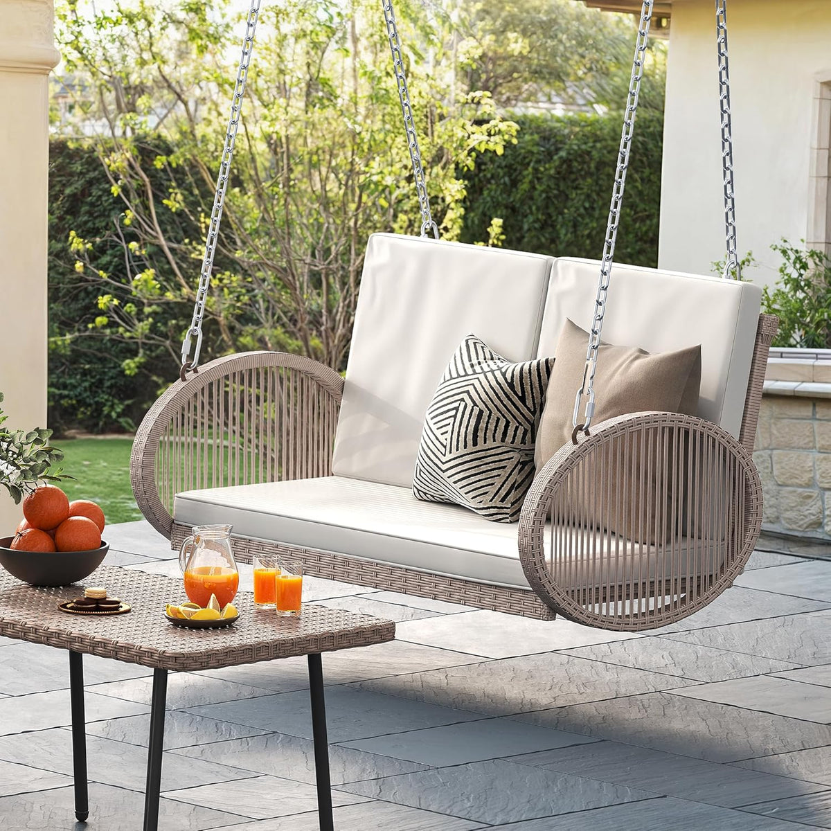 YITAHOME Hanging Porch Swing Chair Sits 3 People, Wicker Outdoor Swing Bench, Patio Lounge Chair, 1 Seating Cushion and 3 Back Cushions, w/Removable Covers, for Garden, Balcony, Backyard, Brown