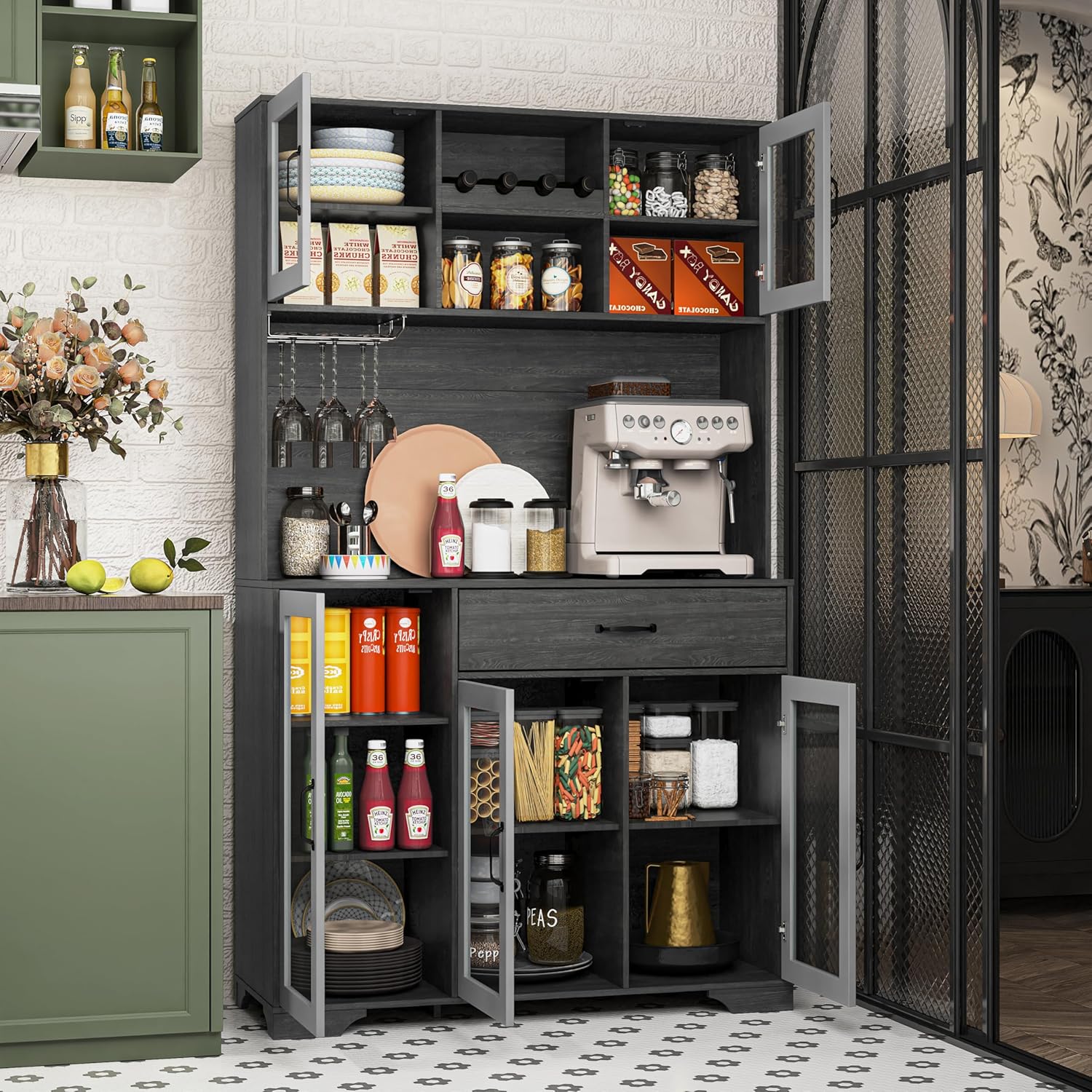 Kitchen Hutch Pantry Cabinet 71" Tall with Glass Doors