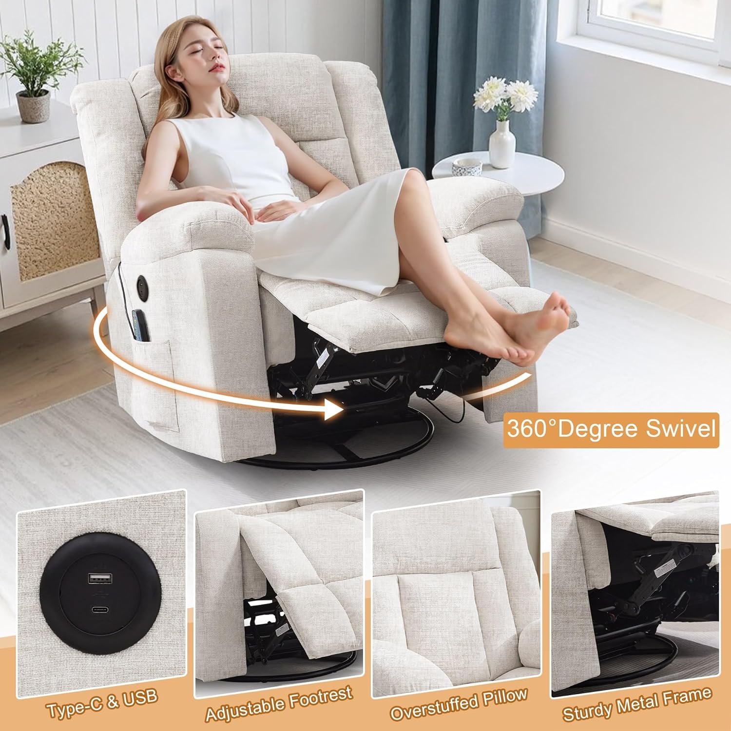 Rocker Recliner, Glider Recliner Chairs for Adults, 360° Swivel Rocking Chair with Massage and Heating, Nursery Chair