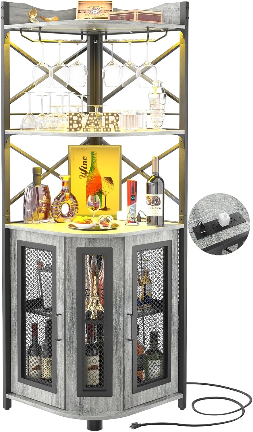 Corner bar cabinet with power socket, industrial style wine cabinet with LED light strip and glass rack, home five-layer wine cabinet bar unit, small space corner display cabinet