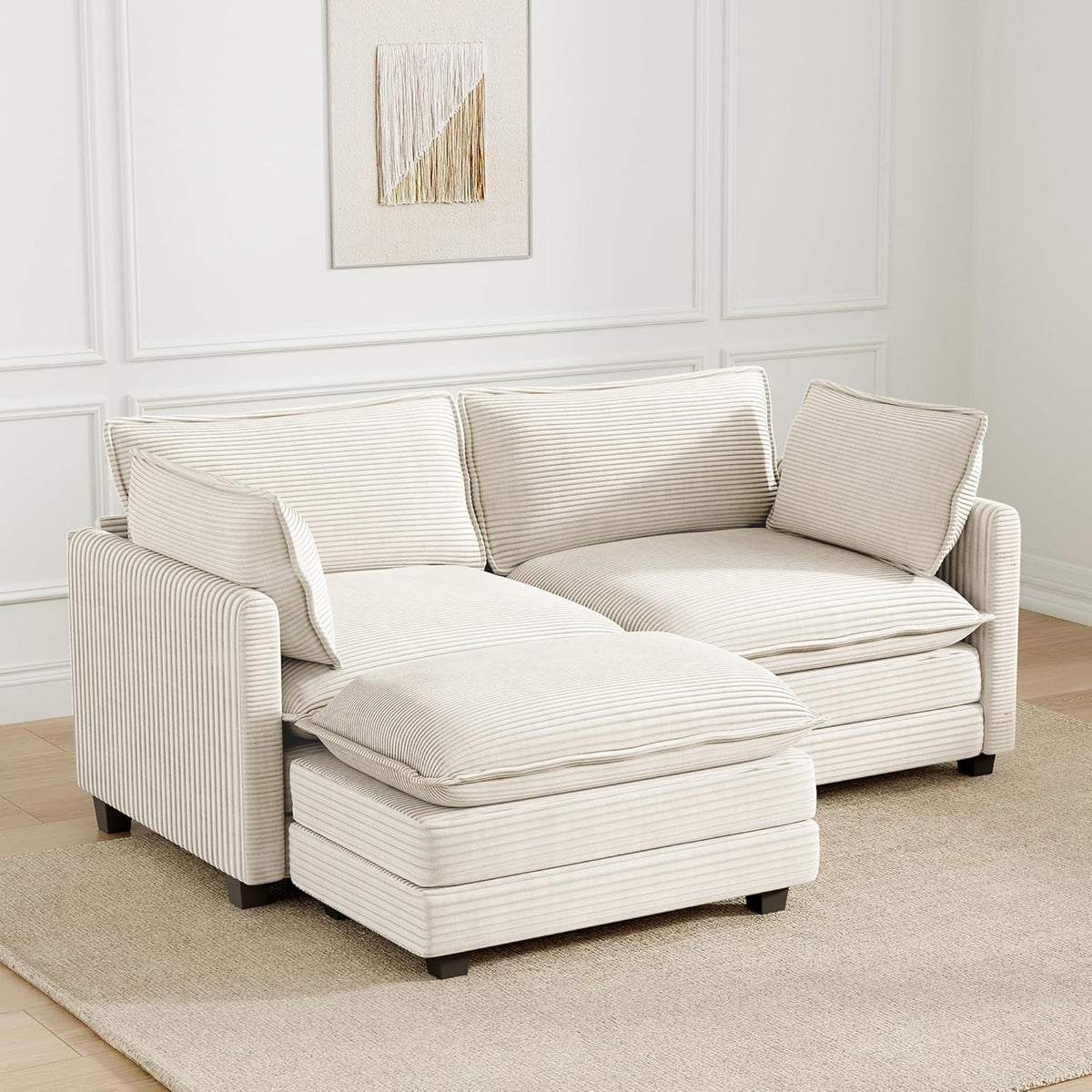 ROWHY Oversized Modular Sectional Sofa with Movable Ottoman, 112 Inch 4 Seat Modern Corduroy Sofa Set, Convertible L Shaped Couch for Living Room and Office, Beige