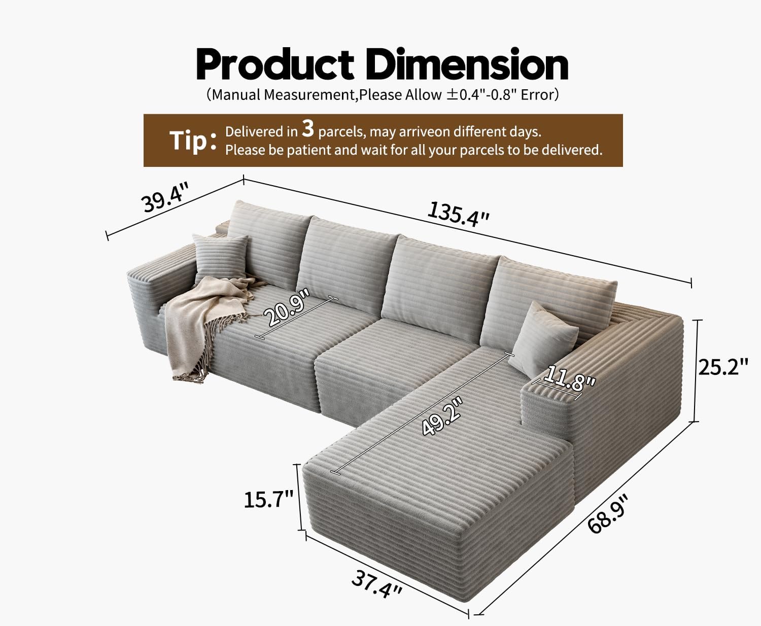 107.5" Cloud Modular Sectional Sofa Couch with L-Shape Chaise,Modern Minimalist Upholstered Couches