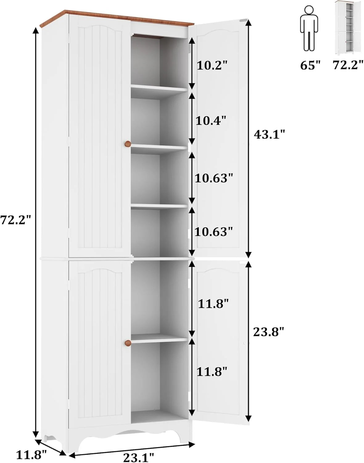 Tall Pantry Cabinet, Freestanding Storage Cabinet, Wooden Kitchen Pantry with 4 Doors and 5 Shelves, 72" Floor Cabinet Organizer