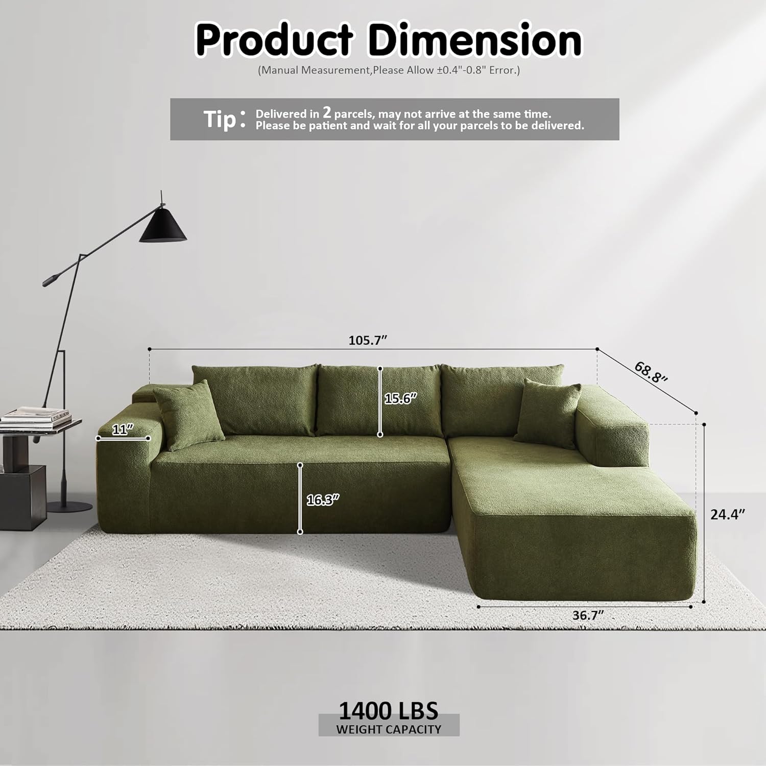 Ovios 104" Cloud Section Sofa L-shaped lounge chair, modern modular sofa