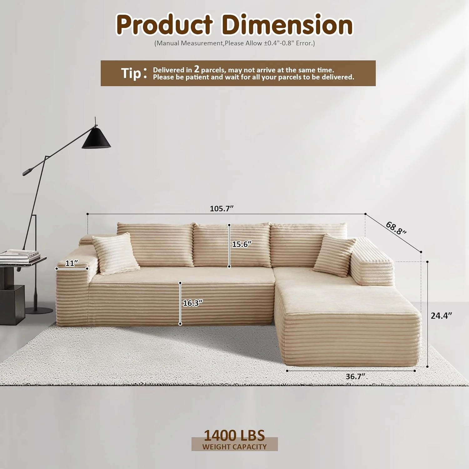 Ovios 104" Cloud Section Sofa L-shaped lounge chair, modern modular sofa