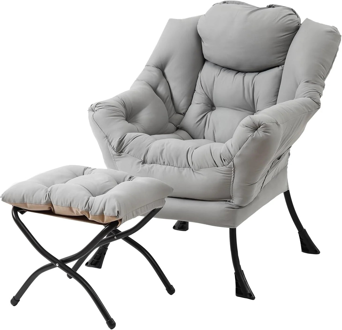 Welnow Lazy Chair with Ottoman, Modern Accent Chair with Armrests and a Side Pocket, Leisure Sofa Armchair, Reading Armchair with Footrest for Small Space, Dark Grey
