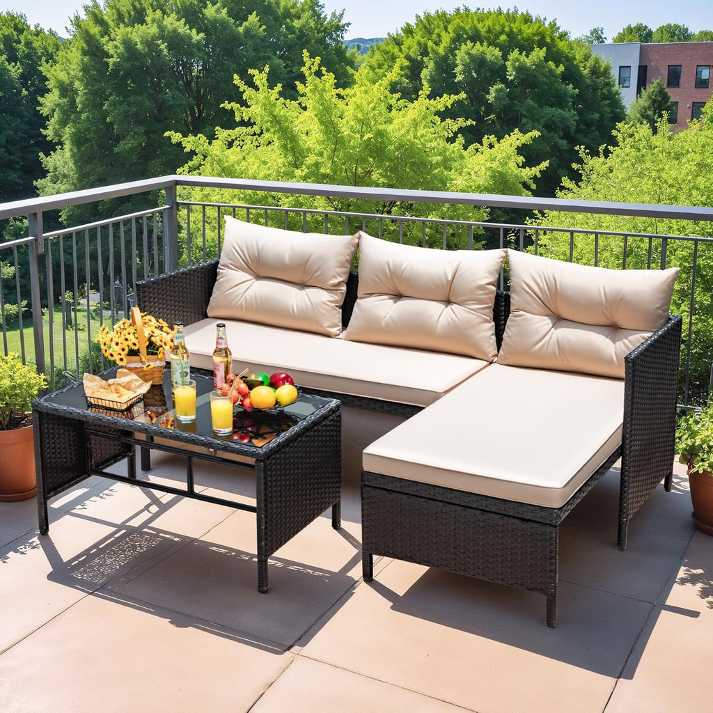 Devoko Outdoor Patio Furniture 3-Piece Rattan Waterproof Outdoor Sectional Sofa All-Weather L Shaped Patio Couch with Cushion Glass Table for Balcony, Garden (Beige)