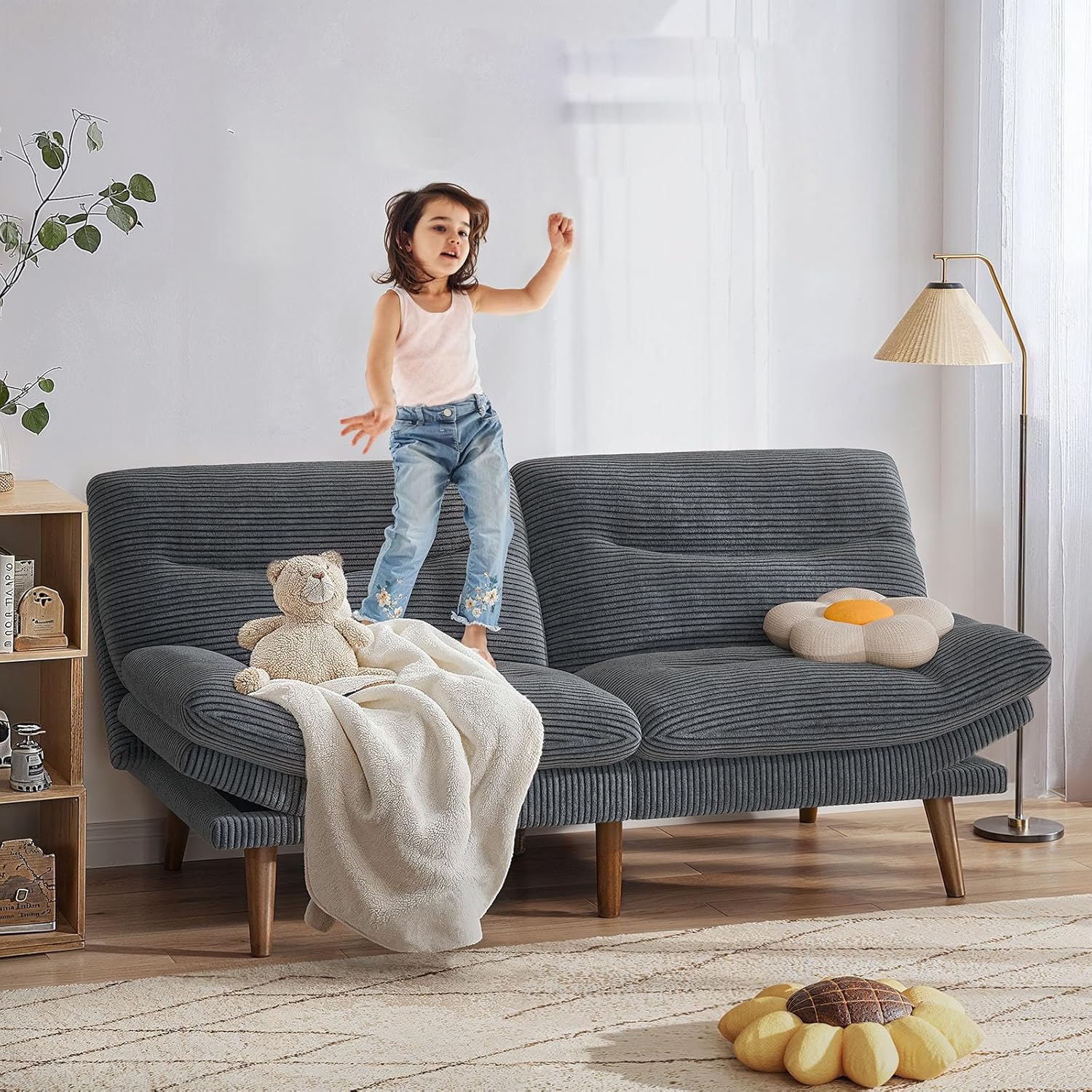 Pipishell Convertible Futon Sofa Bed,66" Corduroy Futon Couch with Adjustable Backrest and Armrests, Recliner Sleeper Sofa for Small Spaces, Play Room or Office, Grey