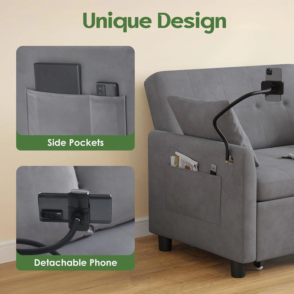 Sleeper Sofa Bed, 3 in 1 Convertible Sleeper Couch Bed Pull Out, Small Loveseat Sofa, Futon Sofa Bed Full Size, 46" Velvet Love Seat