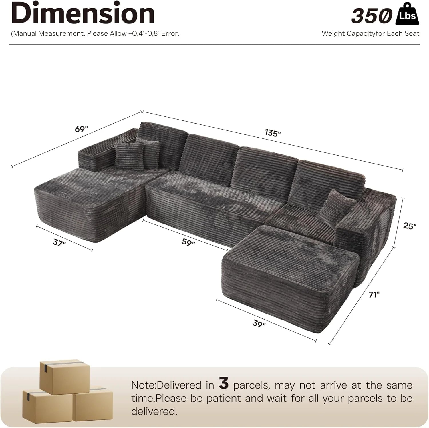 Ovios 104" Cloud Section Sofa L-shaped lounge chair, modern modular sofa