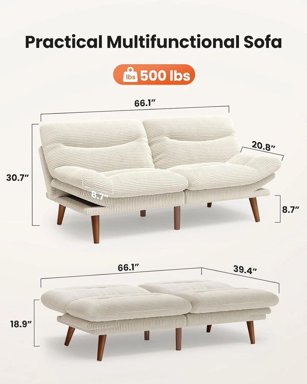 Pipishell Convertible Futon Sofa Bed,66" Corduroy Futon Couch with Adjustable Backrest and Armrests, Recliner Sleeper Sofa for Small Spaces, Play Room or Office, Grey