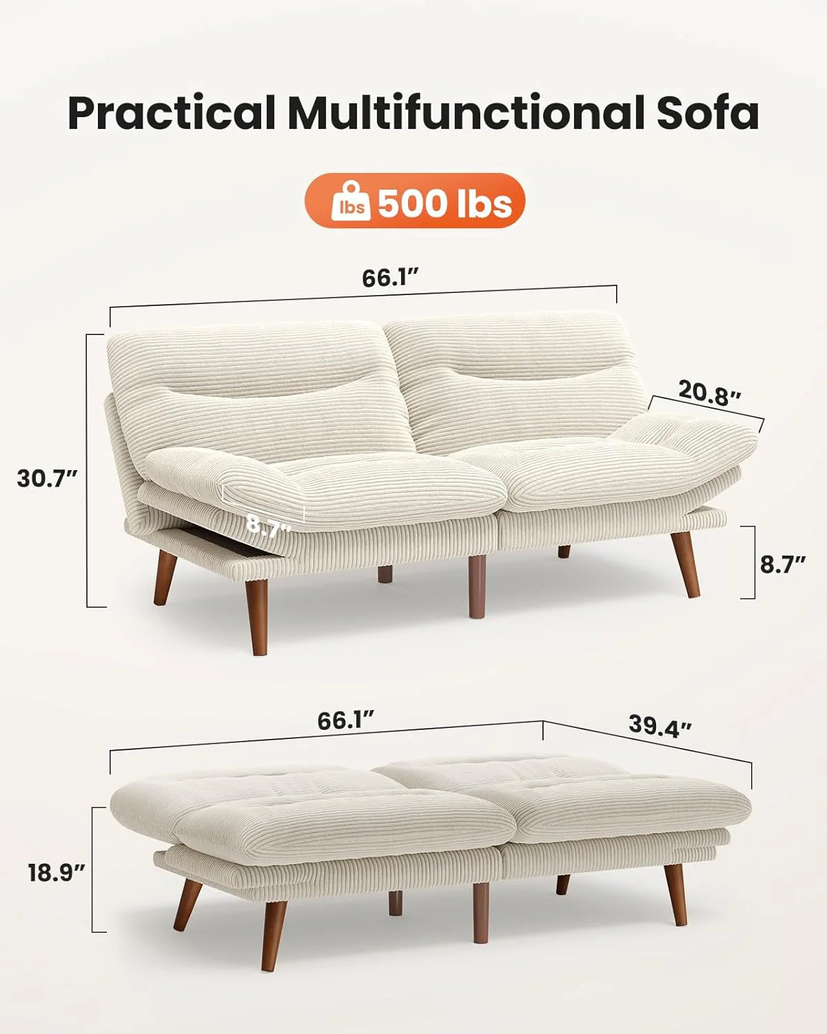 Pipishell Convertible Futon Sofa Bed,66" Corduroy Futon Couch with Adjustable Backrest and Armrests, Recliner Sleeper Sofa for Small Spaces, Play Room or Office, Grey