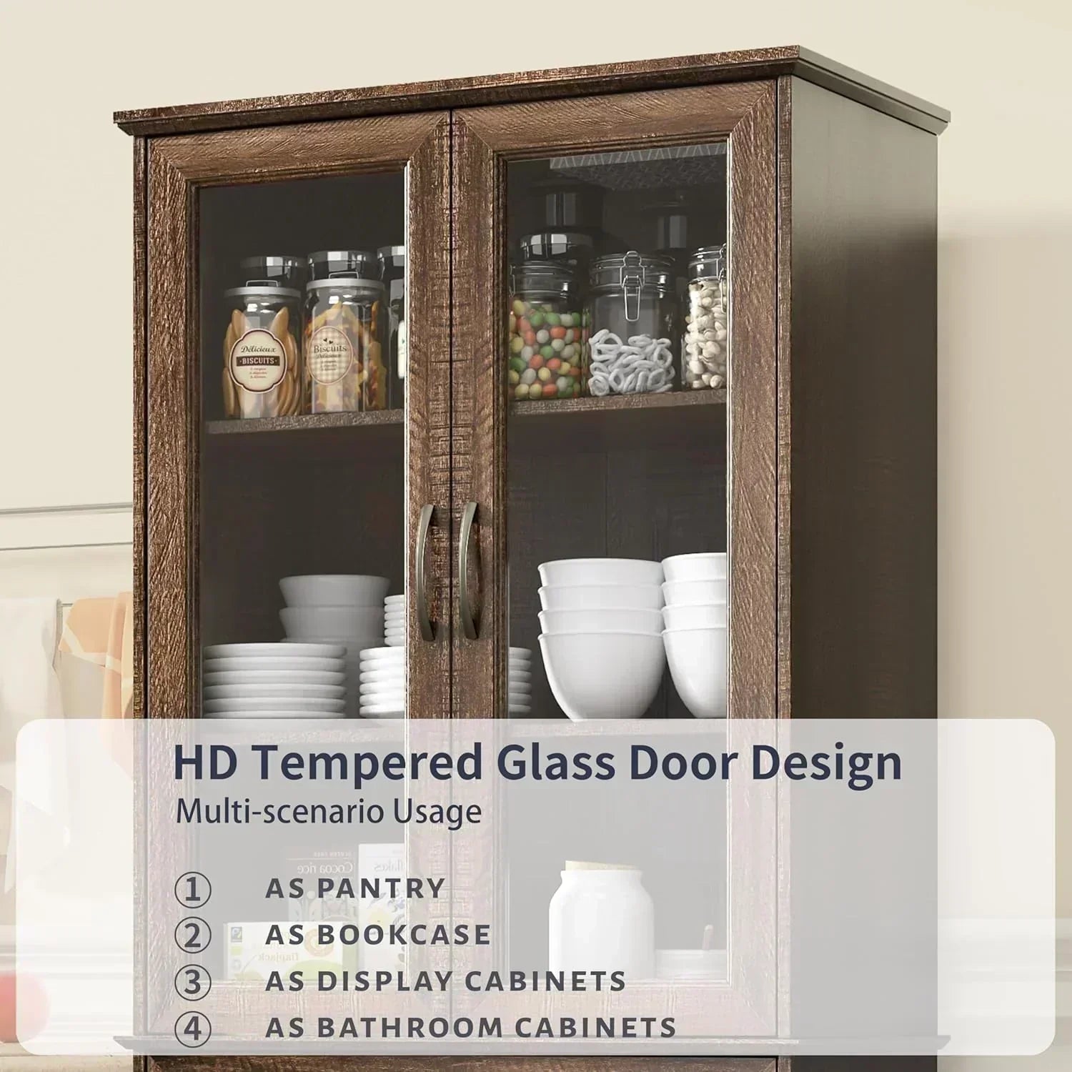 Kitchen Hutch Pantry Cabinet 71" Tall with Glass Doors
