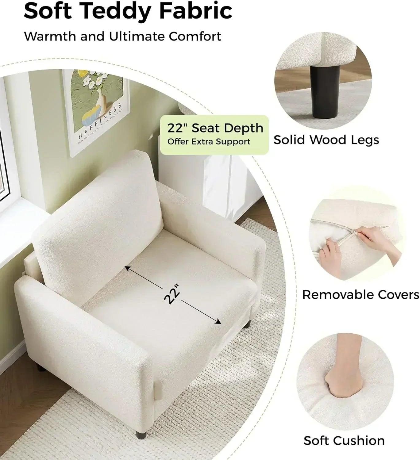 Loveseat Sofa 51" Love Seat Comfy Corduroy Small Loveseat Tool-Free Setup Couch