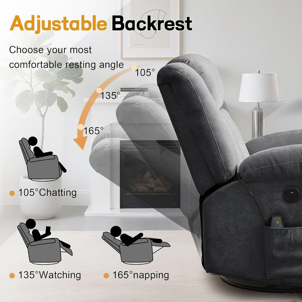 Rocker Recliner, Glider Recliner Chairs for Adults, 360° Swivel Rocking Chair with Massage and Heating, Nursery Chair