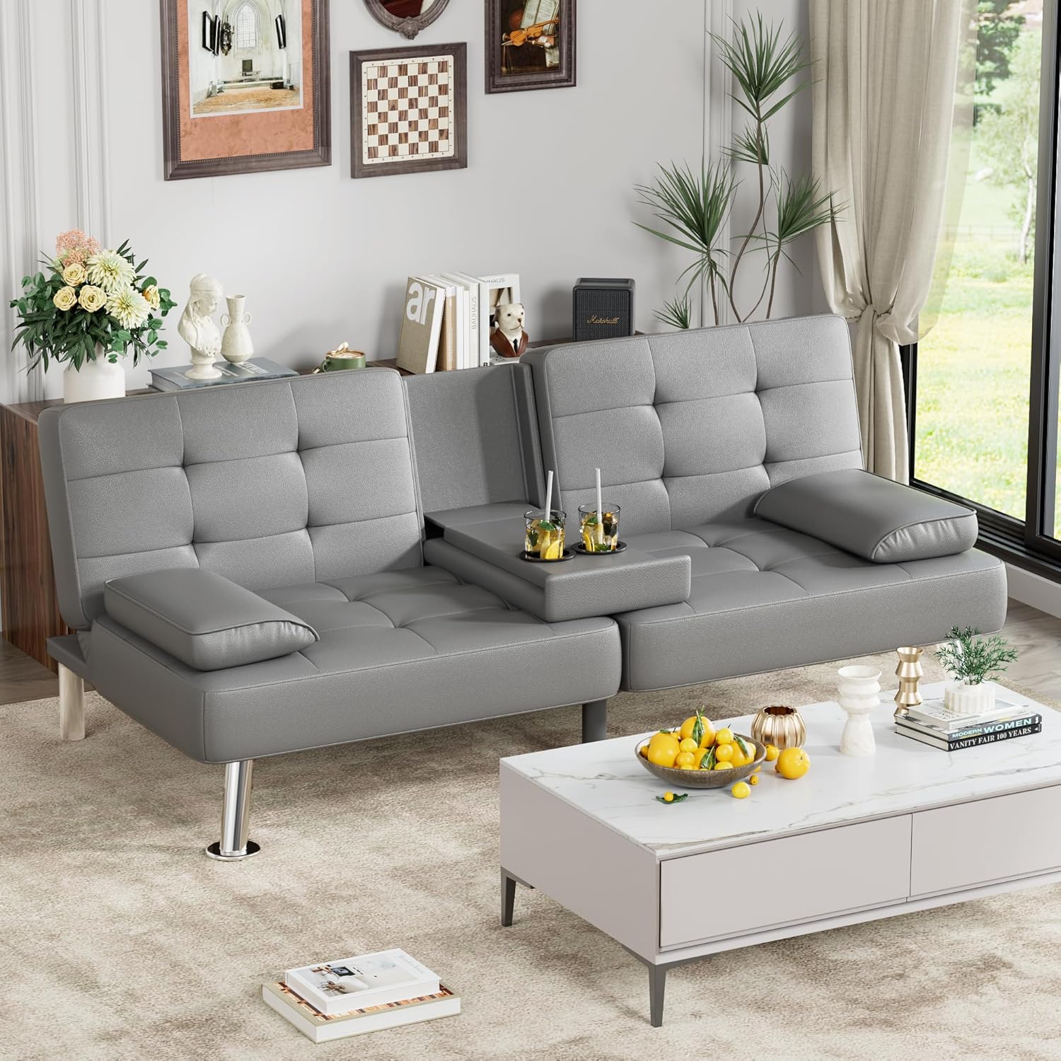Homall Futon Sofa Bed Leather Futon Couch with Armrests Adjustable Recliner Sleeper Sofa Bed