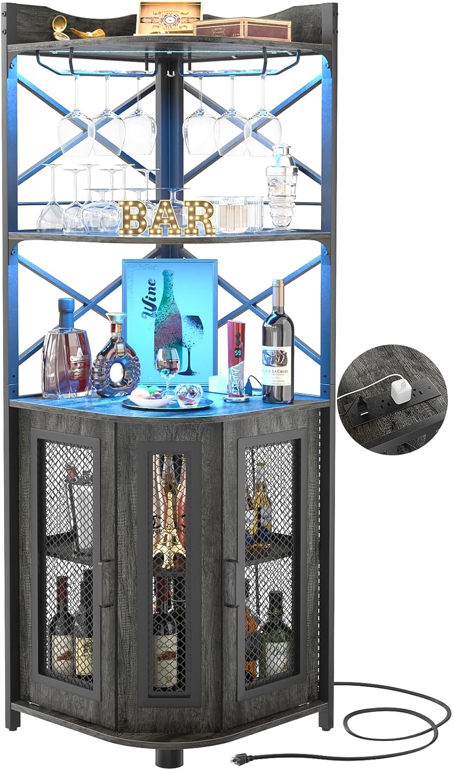 Corner bar cabinet with power socket industrial style wine cabinet light strip and glass rack