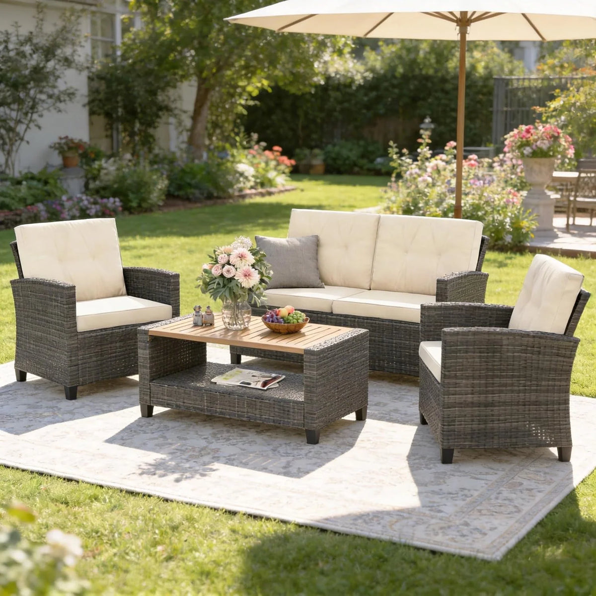 Wisteria Lane 4 Piece Patio Furniture Set, Wicker Outdoor Patio Conversation Furniture Set, All Weather Outdoor Patio Sofa with Cushion and Glass Table, Navy Blue