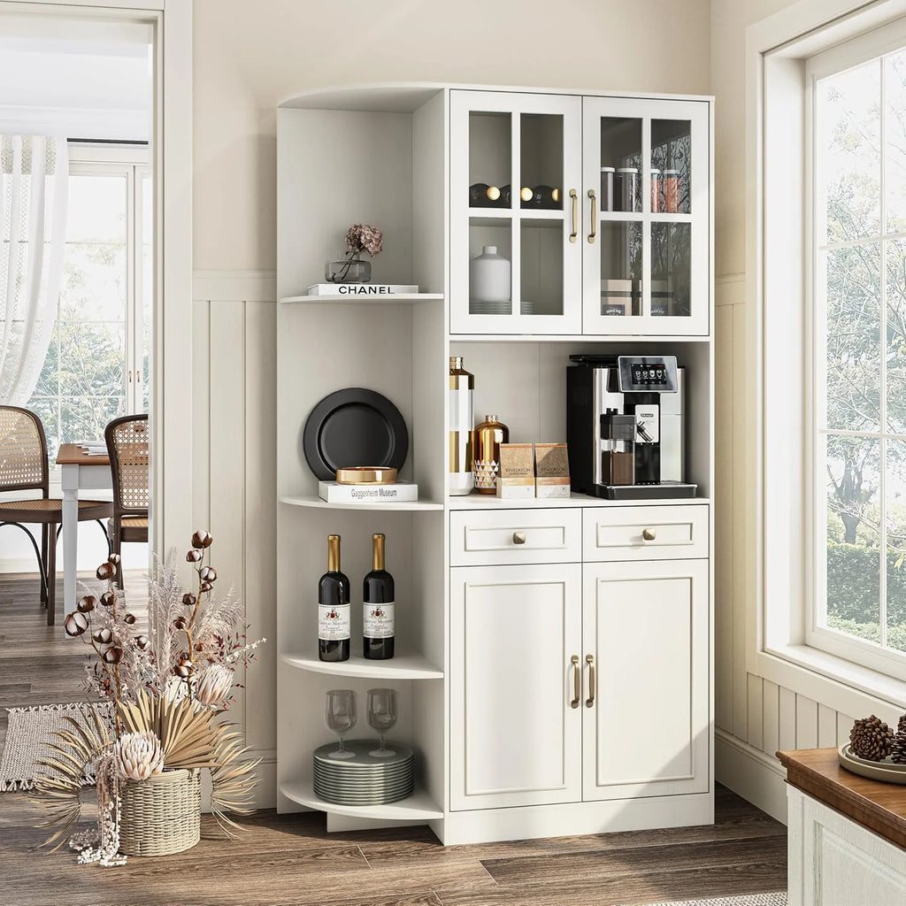 Kitchen Hutch Pantry Cabinet 71" Tall with Glass Doors