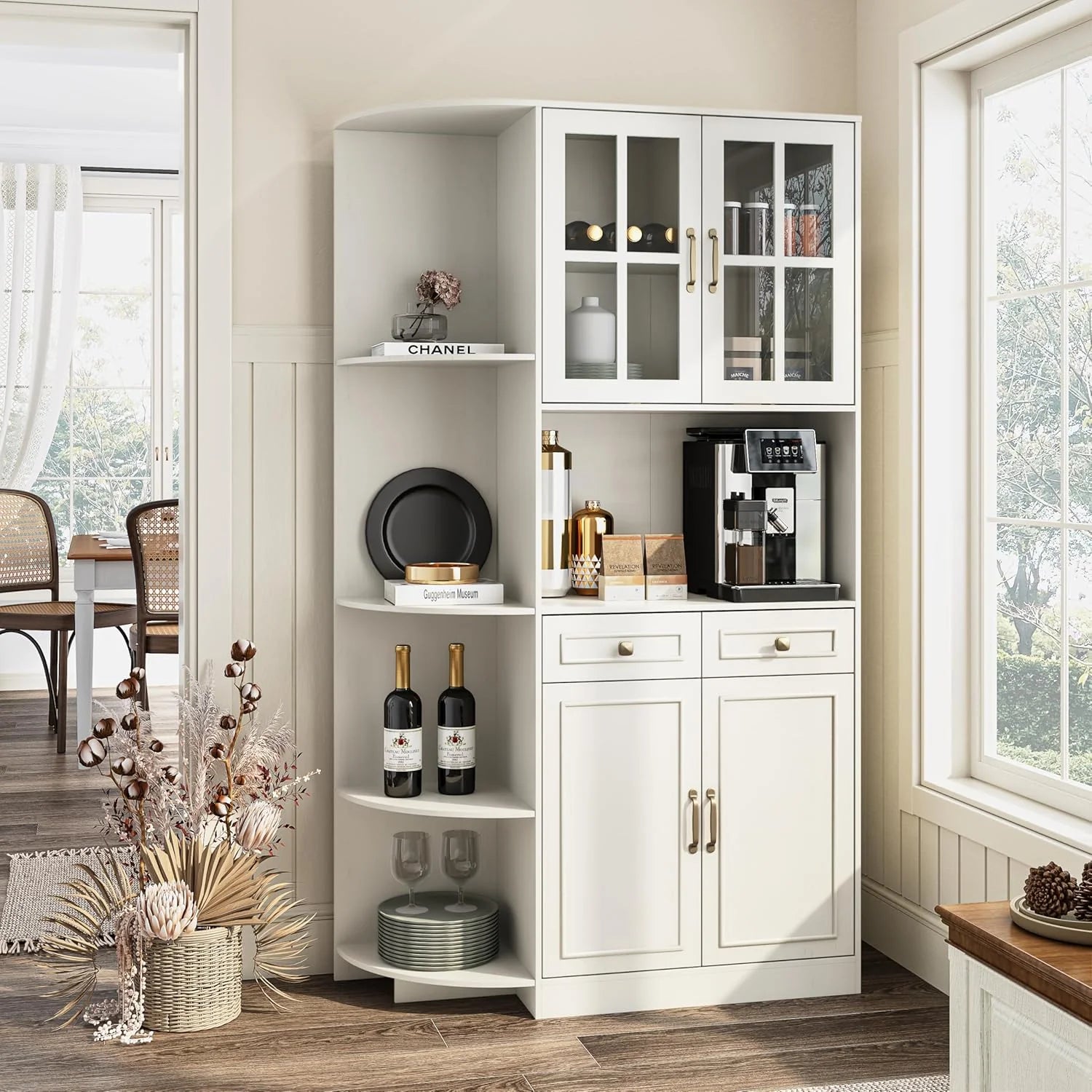 Kitchen Hutch Pantry Cabinet 71" Tall with Glass Doors