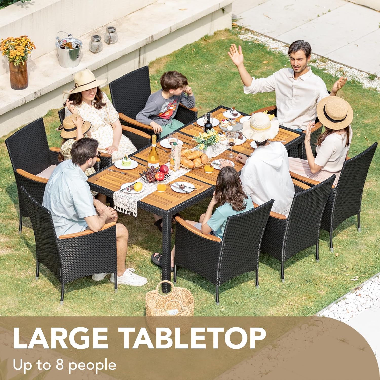 Devoko Dining 7 PCS Furniture Patio Conversation Set with Acacia Wood Table Top Rattan Outdoor