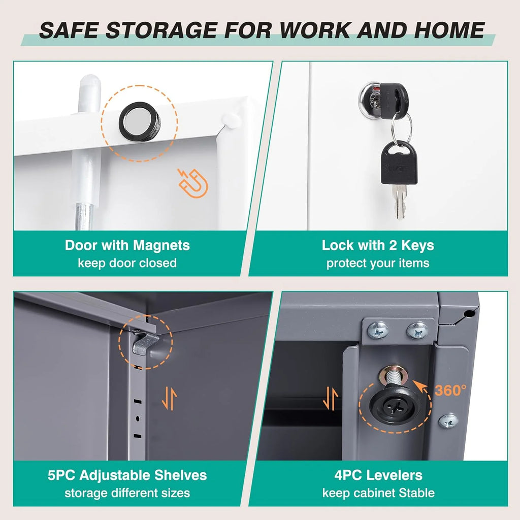 Metal Storage Cabinet with 2 Doors and 6 Shelves, Black Metal Cabinet with Lock, 71 Inch Lockable Garage Storage Cabinet