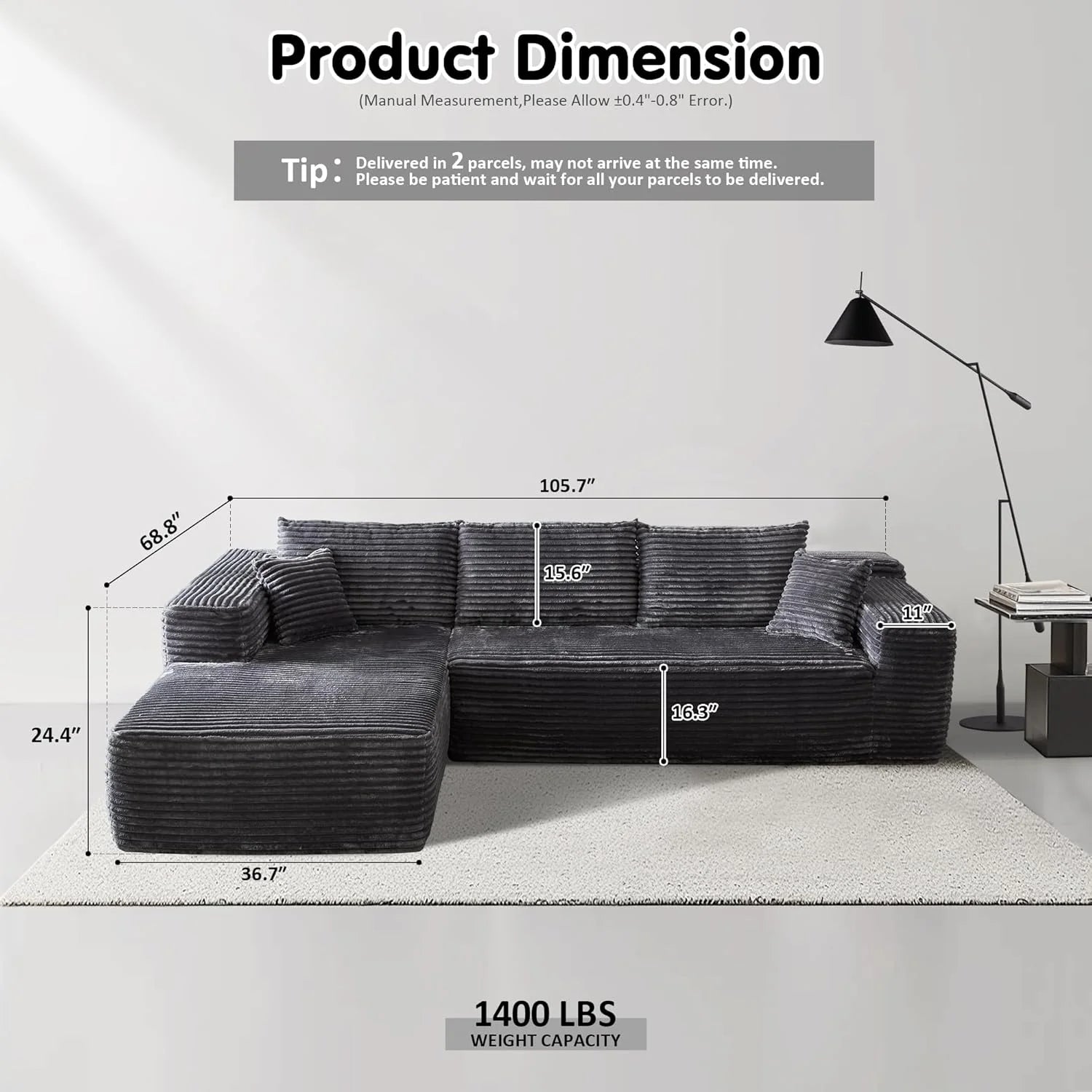 Ovios 104" Cloud Section Sofa L-shaped lounge chair, modern modular sofa