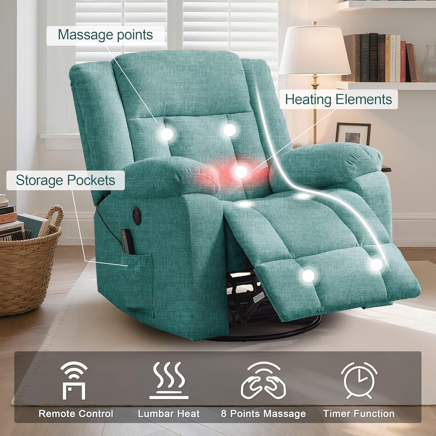 Rocker Recliner, Glider Recliner Chairs for Adults, 360° Swivel Rocking Chair with Massage and Heating, Nursery Chair
