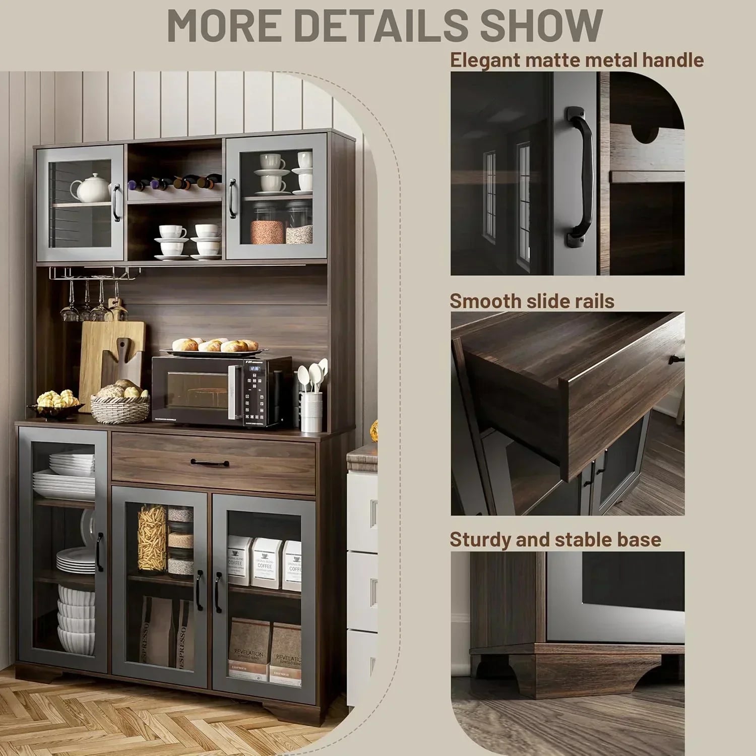 Kitchen Hutch Pantry Cabinet 71" Tall with Glass Doors